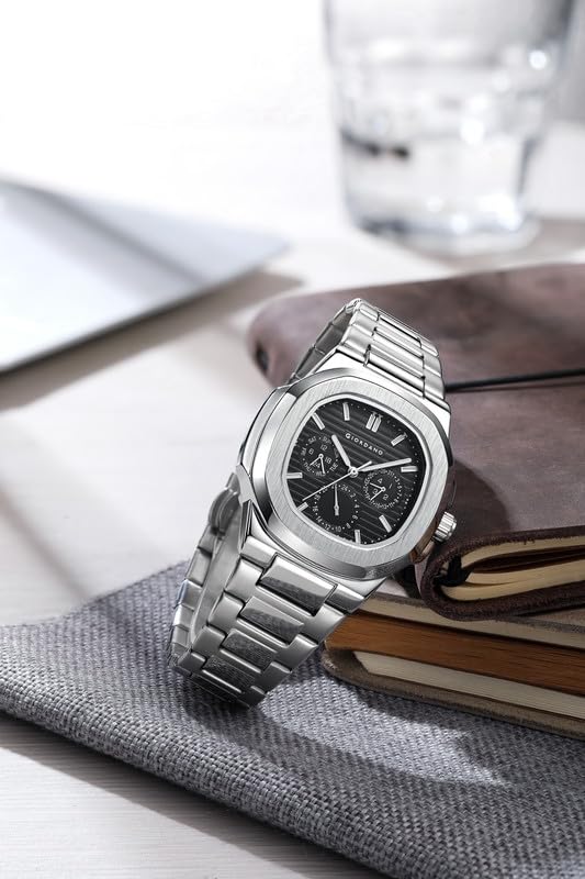 Image of Giordano Analog Multifunction Watch for Men - Textured Dial with Cushion Case, Luminous Index Markers, Stainless Steel Strap, Day & Date Display