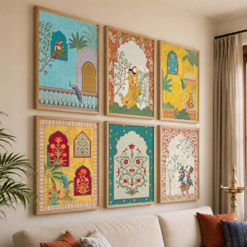 Image of KOTART Aesthetic Traditional Indian Wall Art Madhubani Paintings for Living Room | Pichwai Art Painting for Wall Decoration | Framed Painting for Home Room Bedroom Office Decor | Poster With frames | Paintings For Home Decoration | Indian Decor Frames | set of 6 (E)