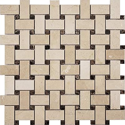 Simple Tile - Marble Mosaic Tile, "Basketweave Collection", 1"X2" Rectangle and Small Dot, 12"X12"X3/8", Polished (Sample Swatch, CMMM1WEA+E-P - Crema Marfil+Emperador Dark)