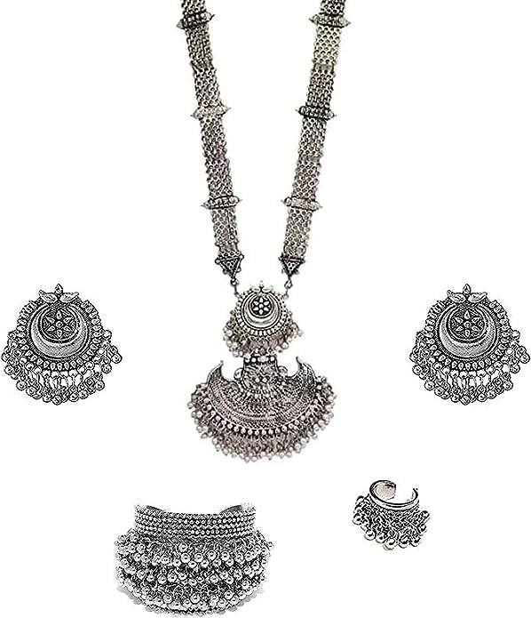 Ziyans Fashion Afghani Style Oxidised Silver Black Metal JewellerAy Pendant Long Necklace Set for Women and Girls (Silver-1) (Silver-1) (B0CGJBZ9PJ) Amazon Price History, Amazon Price Tracker