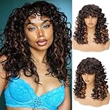 GKtineke-Curly-Wig-Highlights Big-Curly-Wigs-for-White-Black-Women 20 Inch- Long-Curly-Wig-with-Bangs Synthetic-Hair-Replacement-Wigs-for- Cosplay and Daily (Highlight)