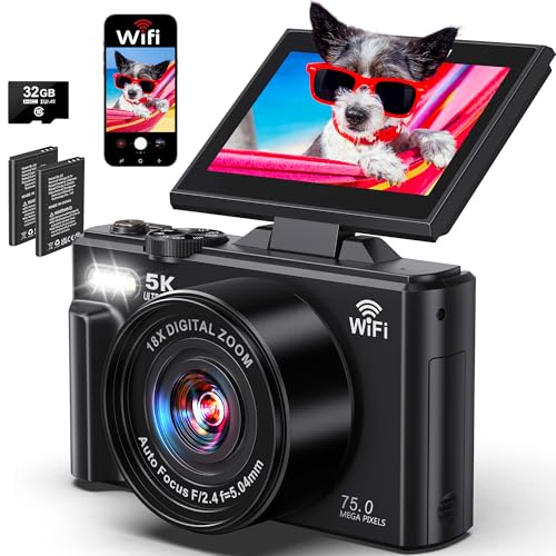 5K Digital Camera for Photography - WiFi 75MP Vlogging Cameras for YouTube - UHD Autofocus Video Camera 3' 180° Flip Screen with 18X Zoom - Compact Vlog Travel Camara with 32GB SD Card, 2 Batteries