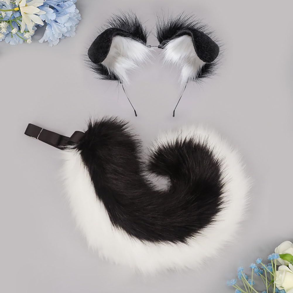 Dog Ears Headband and Tail Set Faux Fur Animal Cosplay Party Costume Accessories