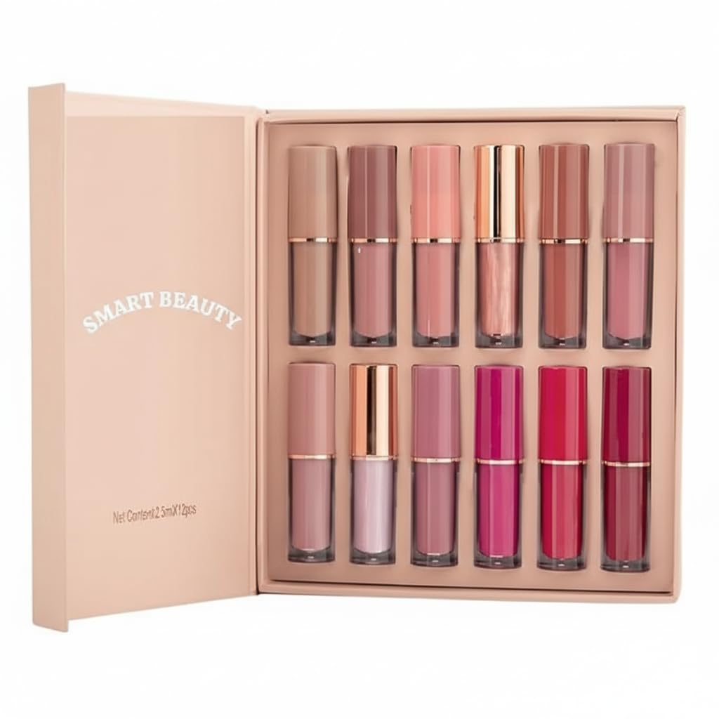 12 Shade Liquid Lipstick Set | Long Lasting Matte & Velvet Finish | Waterproof Smudge Proof Lip Color | Nude Pink Red Shades | Lightweight Non Sticky | Gift Box Pack for Women.