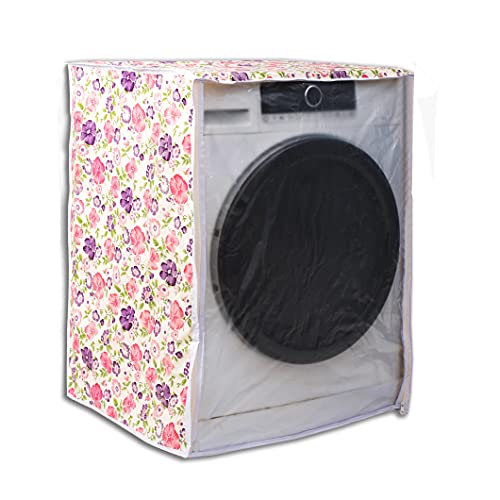 Image of Classic Front Load Washing Machine Cover Suitable for Bosch 6.5 Kg, 7 Kg, 7.5 Kg, 8 Kg, 8.5 Kg, 9 Kg (63cmsX63cmsX81cms, White & Pink Flower, Large)