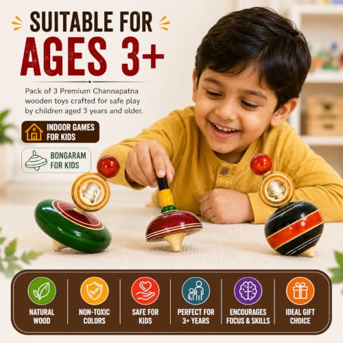 Image of Wooden Spinning Tops Combo Pack of 3 nos (Buguri, Lattu,Pambaram) Multi Color - Non Toxic Channapatna Hand Crafted Desi Toddler /Kids Indoor Toys, Return Gift, bongaram for Kids.