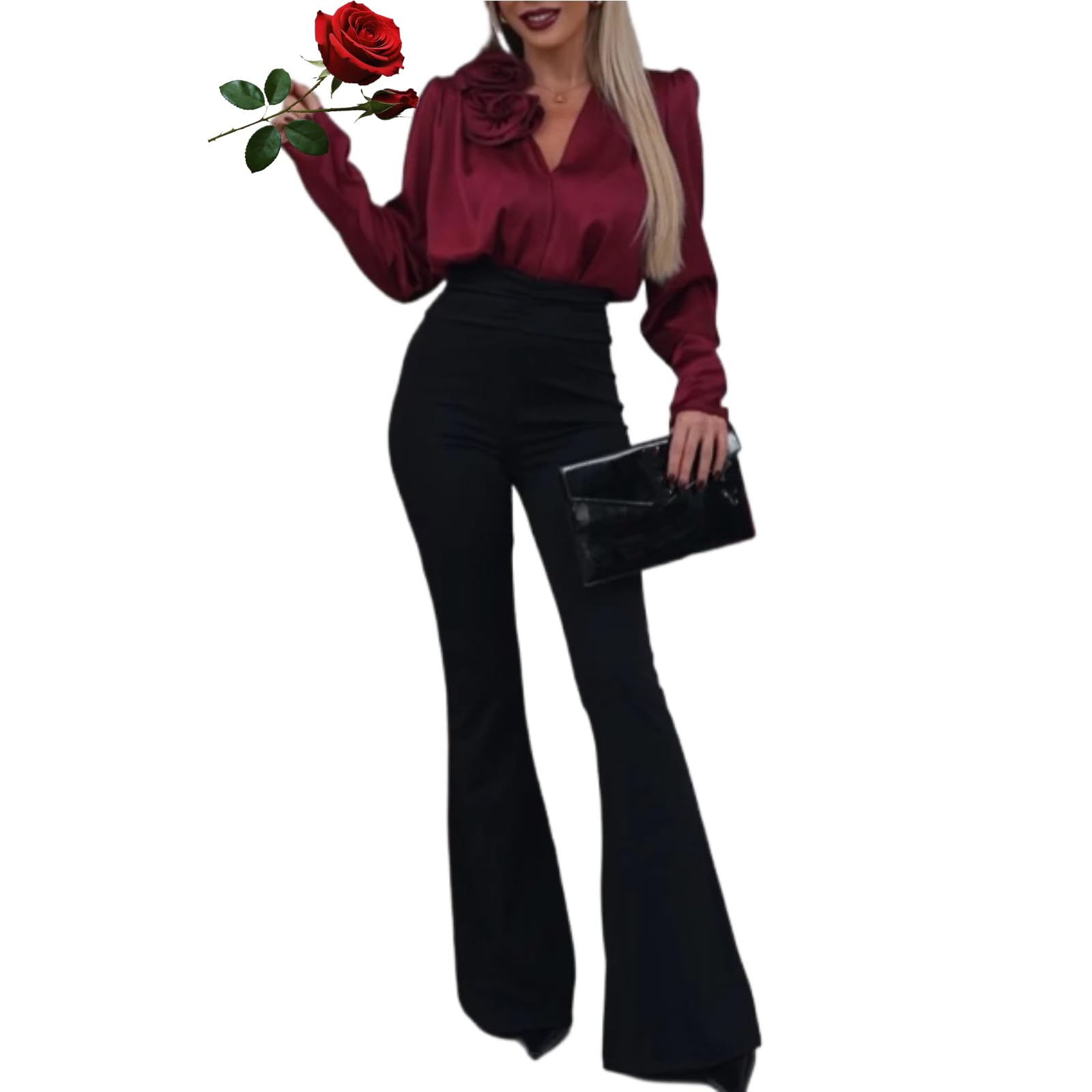 Blusa de satén de Lujo con Escote en V para Mujer, Camisa Elegante de Seda con Adornos de Rosas, Blusa de Manga Larga para Trabajo de Oficina