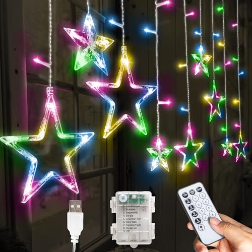 GloBrite Christmas Curtain Lights, 12 Star & 138 LED -, 8 Modes - Decorations - Window Lights, USB & Battery Indoor (Multi-Coloured)