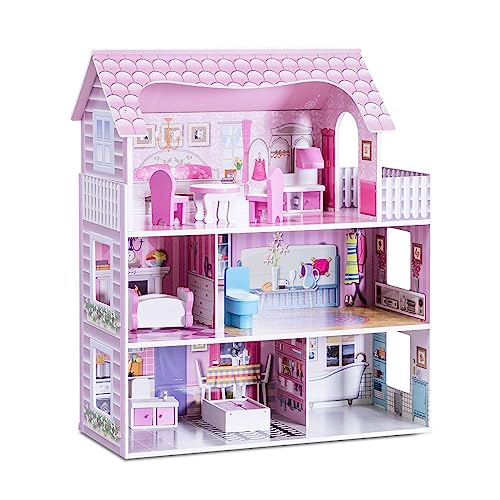 COSTWAY Wooden Dolls House, Large 3-Storey Dollhouse with Furniture and Accessories, Pretend Playset Gift for Children