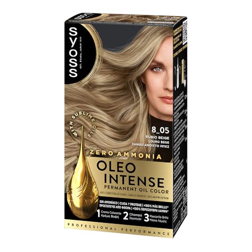 Syoss Oleo Intense Tono 8.05 Rubio Beige, Tinte para Pelo Mujer, Coloración Permanente sin Amoníaco, Cobertura Profesional de Canas con Resultados de Peluquería