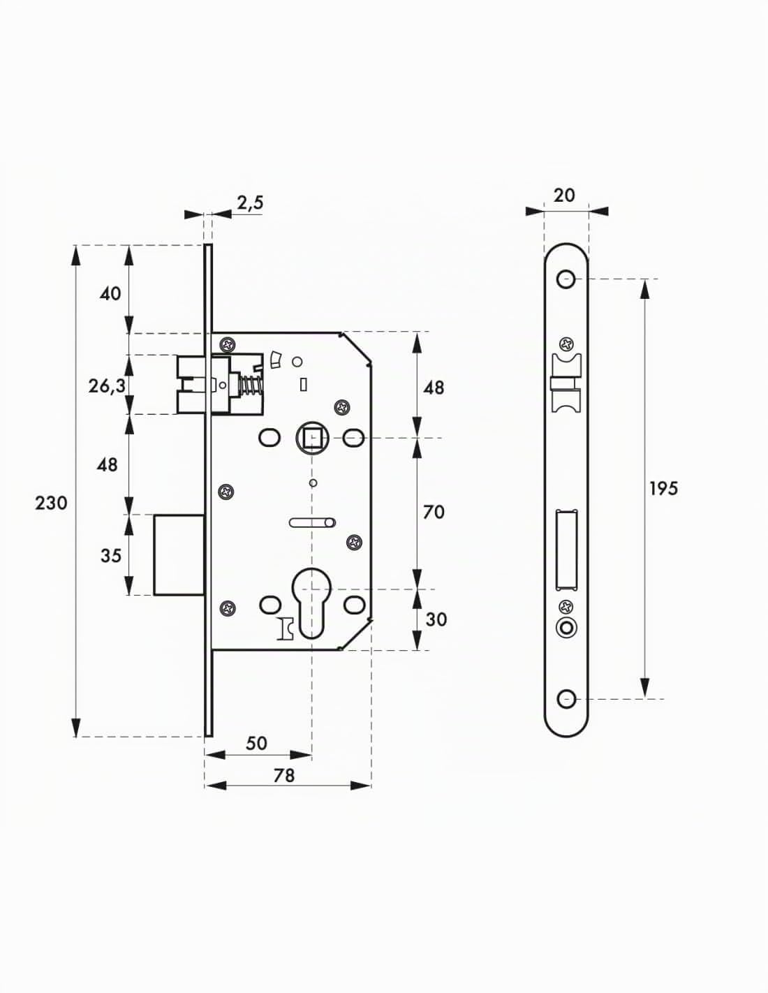 INTELOCK - Serrure Encastrable avec Trou Cylindre pour Porte d'Entrée - Inox - Axe 50 mm - Entr'Axes 70 mm - Carré 8 mm - Réversible - Bouts Ronds - Gris
