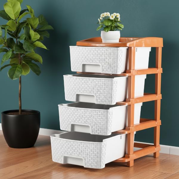 Image of KITCHIVO Plastic Modular Drawer Storage Chest Of Drawers Organizer Storage Box, Large Stomo Racks For Multipurpose Anti-slip Shoes Organizers (White & Golden, 4 Layer)