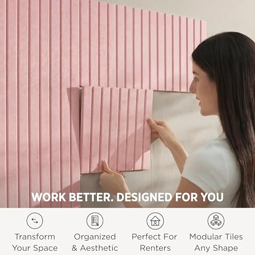 VIVELDA Felt Bulletin Board Tiles 48"x36" - 12-Pack Cork Board Alternative, Oeko-TEX Certified, NRC 0.95 Acoustic Wall Panels, Damage-Free Adhesive, Slatted Design, Home Office & Classroom (Salmon) by VIVELDA - Used condition - US$29.99
