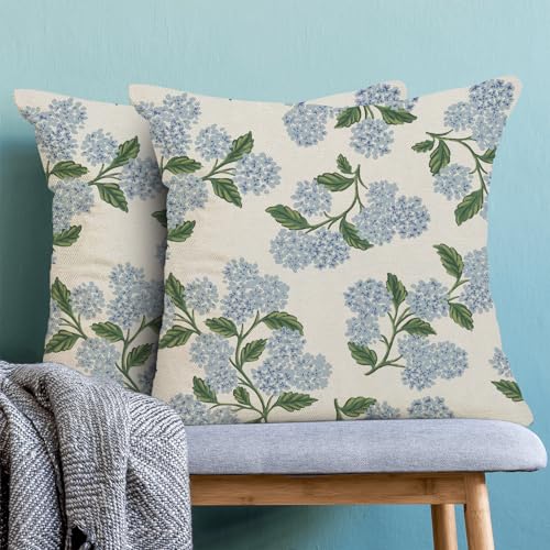 Image of AEIOAE Spring Pillow Covers 20x20 Inch Set of 2, Green Blue Hydrangea Flower Throw Pillows Case,Floral Summer Outdoor Seasonal Decorative Farmhouse Decor Cushion Covers for Home Sofa Bed Couch