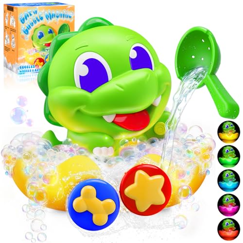 Jouets de Bain Bébé Dinosaure, Jeux de Bain pour Bebe Enfant 1-3 Ans, Jouet de Bain Machine à Bulles avec Lumineux & Cuillère, Jouets Sensoriels de...