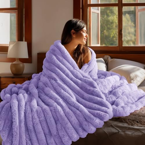 Image of BEDELITE Faux Fur Throw Blanket for Couch, 770GSM, 60 inch x 80 inch, Lavender | Soft and Cozy Luxurious 3D Striped Fluffy Blanket, Warm Plush Fuzzy Faux Rabbit Fur for Women Gift, Stylish Room Decor