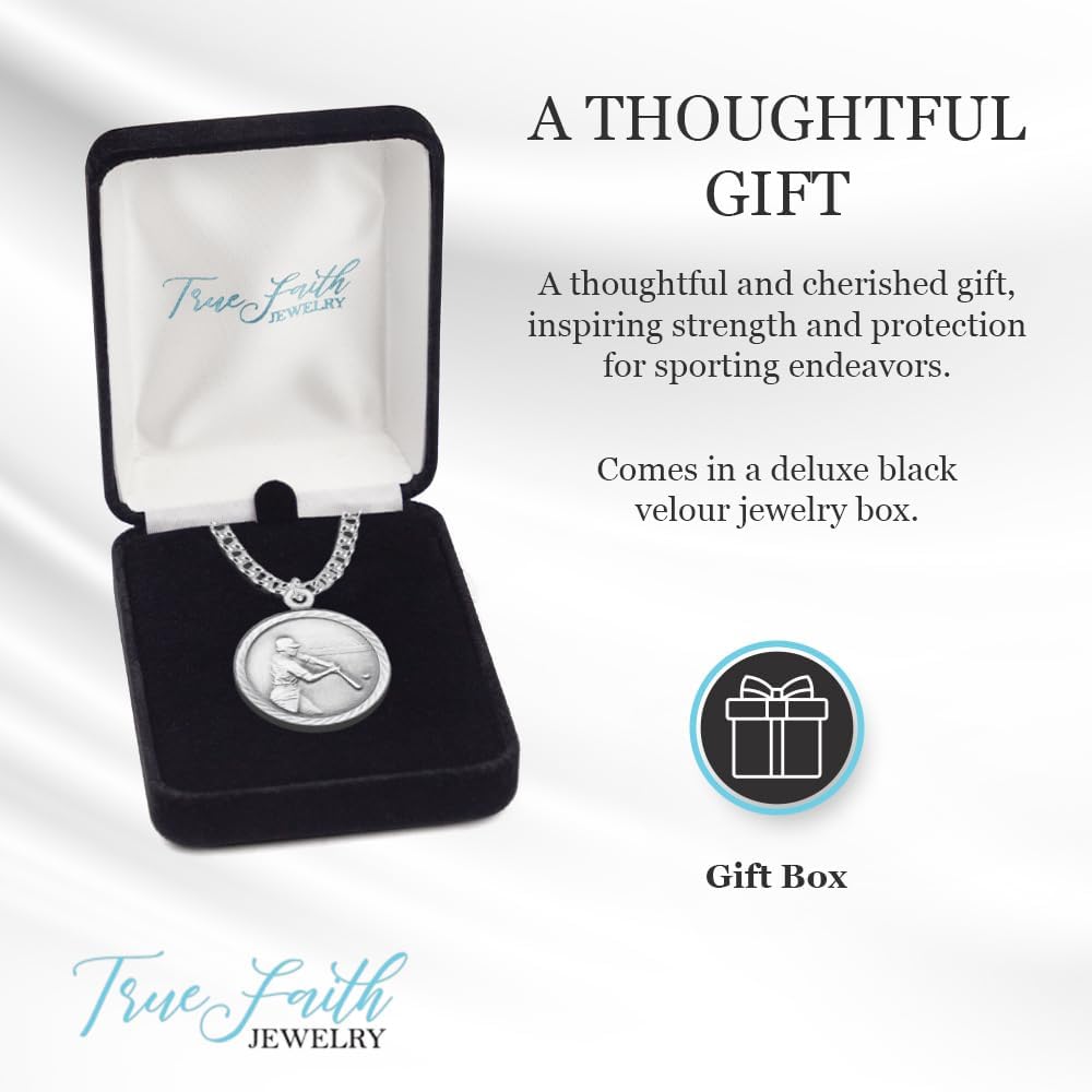 True Faith Jewelry 15/16 Inch Round Nickel Silver Boy's Baseball Medal St Christopher Protect Me Pendant Necklace, Sports Religious Jewelry Gift, Antique Finish, 20 Inch Chain