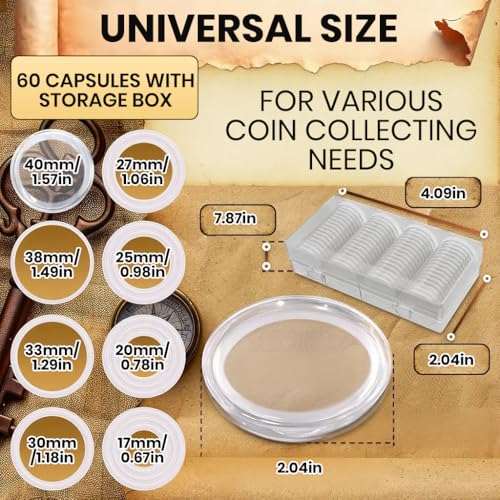 Image of Climberty 60 Pcs Coin Box with 5 Sizes Protective Gasket, Clear Plastic Coin Capsule Holder for 17-40mm Coins, Tokens, Medals, Collecting Storage Organizer