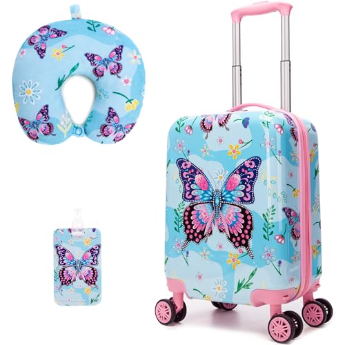 Image of Kids Luggage Set 2 Pcs Carry On Rolling Suitcase with U shaped Pillow Butterfly Toddler Suitcase for Girls Hardside Luggage with Spinner Wheels Airline Approved