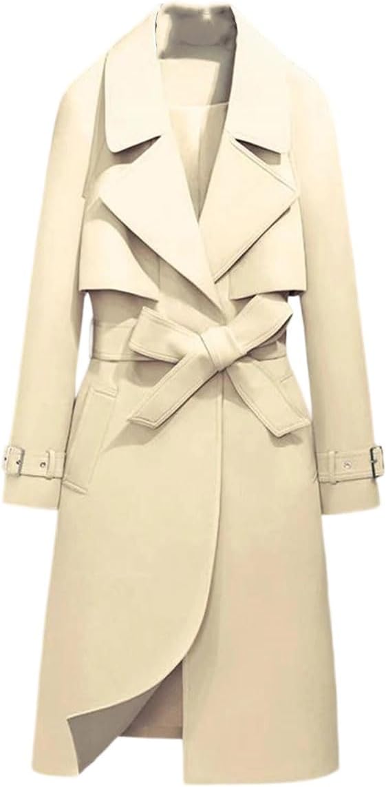 Women Trench Coat Women Mid-Length Trench Long Sleeve Solid Color Coat