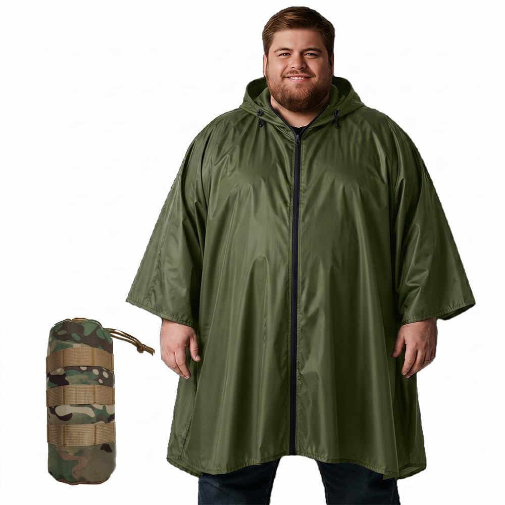 Plus Size Adult Rain Poncho with Hood and Zipper