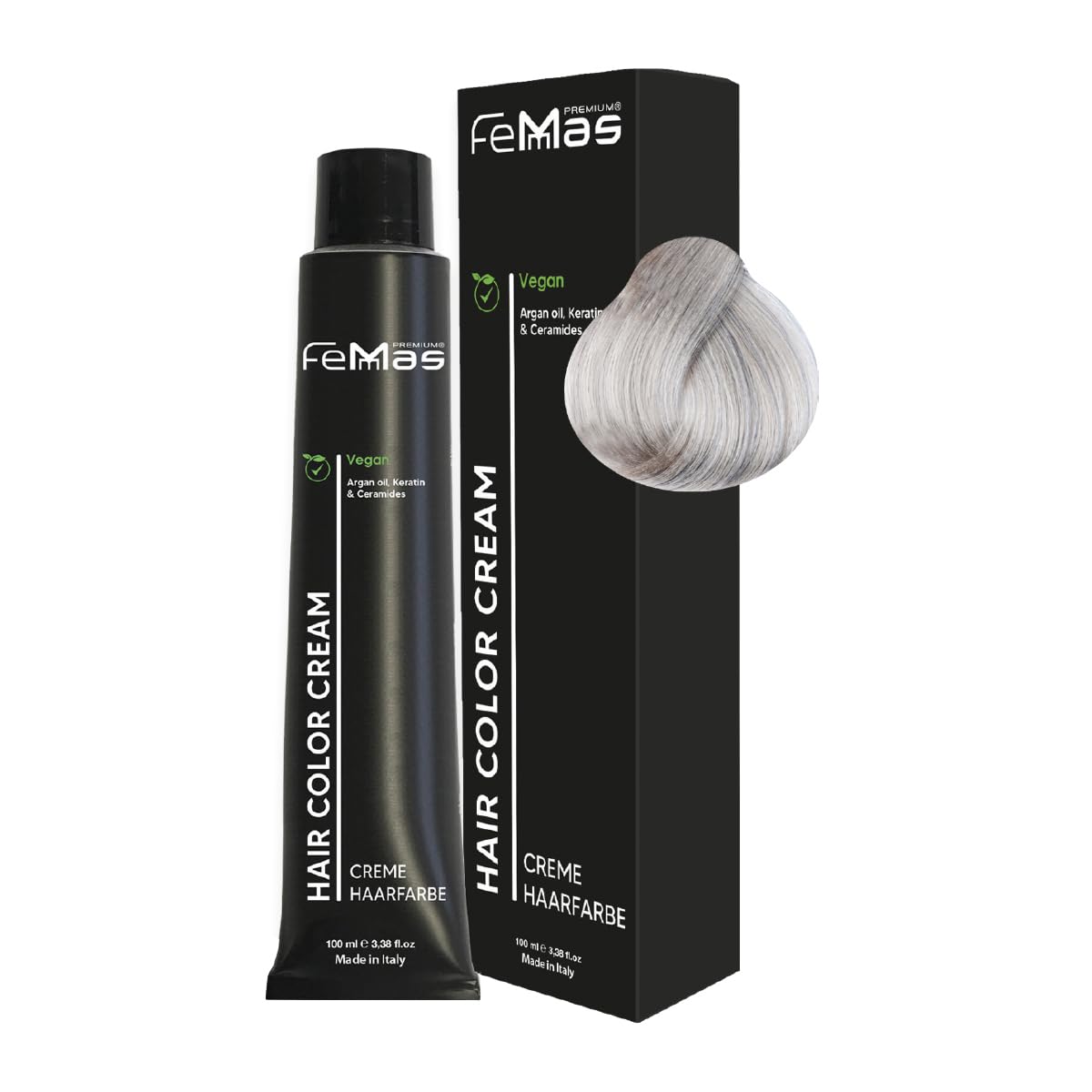 FemMas Haarfarbe Metallic Grau I Creme Haarfarbe mit Arganöl, Keratin & Ceramiden I Als dauerhafte Haarfärbung oder Tönung für strahlende, haltbare Farbergebnisse I 100 ml