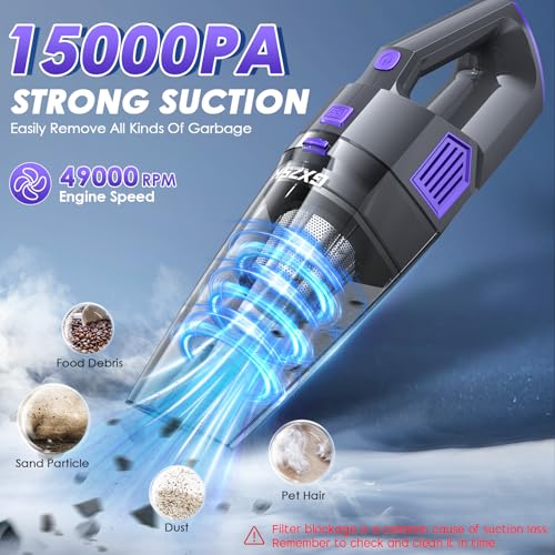 Image of Gxzsk Handheld Vacuum Cordless, 15000PA Strong Suction Hand Held Car Vacuum Cleaner Rechargeable, Portable Hand Vacuum with Multi-Nozzles & Washable Filter for Home Office, Car, Pets