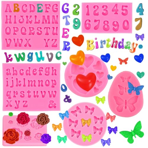 Asaisimg 7-teilige Silikonformen für Fondant-Buchstaben, Alphabet-Formen für Schokolade, Zahlen 0-9, Herz, Schleife, Schmetterling, Blumen-Bonbon-Fondant-Formen