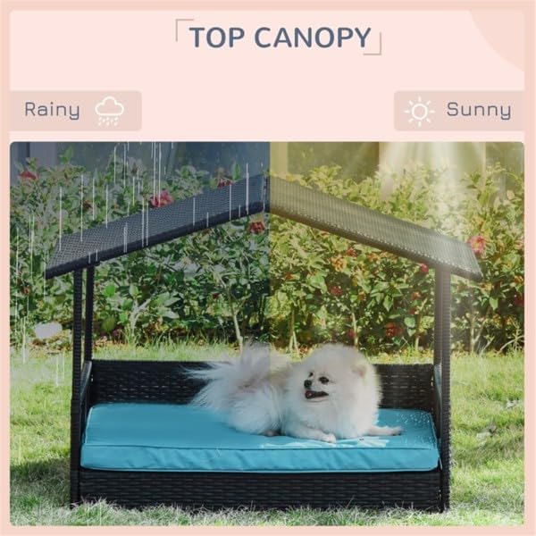 Miniatura 5 de Cama para perro de ratán para exteriores e interiores con cojín, sofá elevado para mascotas con patas antideslizantes, marco de acero resistente a