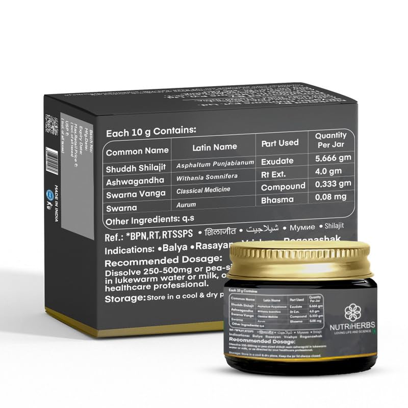 Image of NUTRiHERBS Shilajit Resin Ashwagold 10g - Pure Himalayan Shilajit for Men & Women | Stamina, Energy, Muscle Building Supplement | Ayurvedic Stamina Booster with Ashwagandha & Swarna Bhasma- Pack of 3