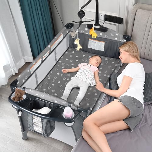 Image of BIUSIKAN Bedside Bassinet for Baby, Portable Baby Crib with Mosquito Net, Mattress, Diaper Changer, Playpen for Newborn to Toddles, Pack and Play with Bassinet