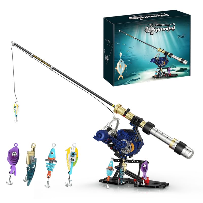 Fishing Rod and Reel Combo Set Building Kit With Fish Bait, 479 Piece Technology Fishing Pole Model Building Block Set Construction Toys Collectible Home Décor Gift Idea
