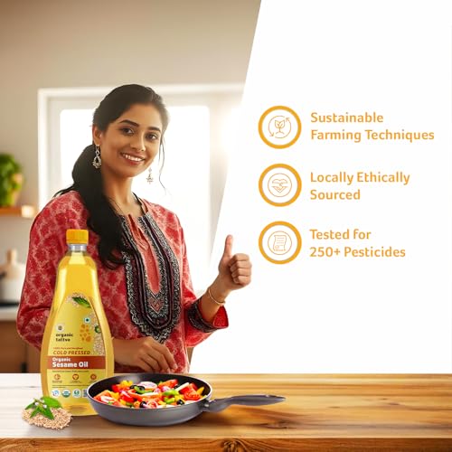 Image of Organic Tattva, Organic Sesame Oil, 1 Litre | Unrefined Safed Til Ka Tel | Cholesterol and Tran Fat Free| 100% Organic | Pesticide and Chemical Free | Pure and Unadulterated | Double Filtered | Expeller-Pressed | Pack of 2