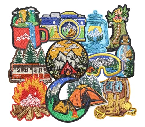 HEYTRCO 12PCS Camping Iron on Patches, Cartoon Cute Outdoor Hiking Landscape Adventure Embroidered Applique, Custom Nature Fire Patches for Hats, Jackets, Bags, Backpacks, Dress