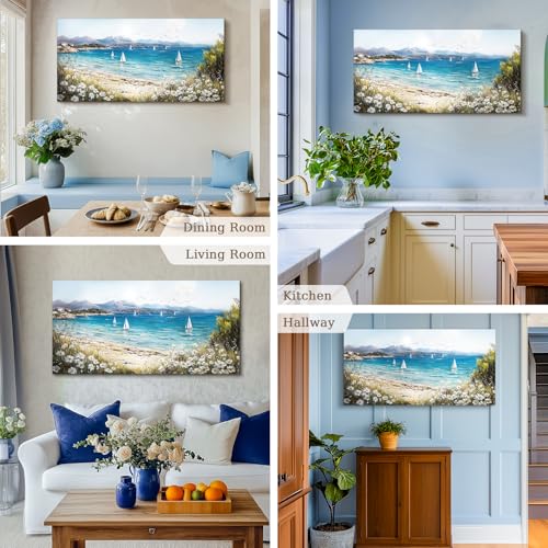 SERIMINO Coastal Landscape Large Wall Art, Beach Daisy Canvas Art Prints, Bay Sailboat Artwork for Walls, Nature Ocean Scenery Paintings Wall Decor Living Room Bedroom, Rustic Home Decor 24"X48"