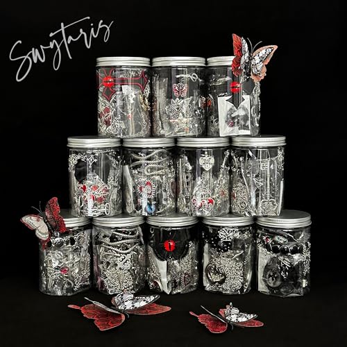 45-50 pcs Mystery Jewelry Jar, Surprise Gothic Jewelry Set for Woman, includes Gothic Punk Witch Necklaces, Earrings, Rings, Bracelets and Hair Clips, Unique Goth Jewelry Box Gift for Her3