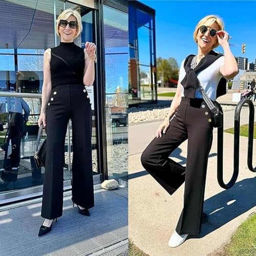 Freelady Tummy Control Button Wide Leg Pant, High Elastic Button Wide Leg Slim Pants3