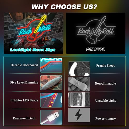 Image of Guitar Rock and Roll Neon Sign Music LED Neon Light Wall Decor for Party | Guitar shape light up sign, music room decoration for bars,music studios, man caves, parties, adjustable brightness, USB