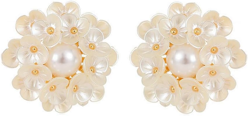 Round Flower Shell Pearl Stud Earrings for Women Girls 925 Sterling Silver Post Pin Dainty White Hydrangea Clover Cluster Leaf Blossom Elegant Wedding Birthday Holiday Jewelry Gifts