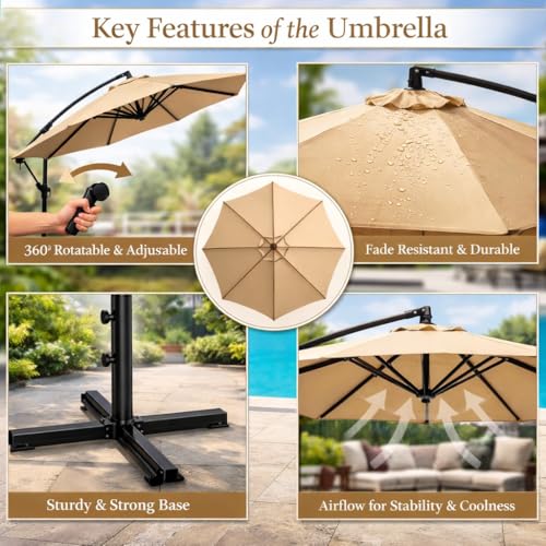 Image of Hukimoyo 10Ft Diameter Large Outdoor Patio Cantilever Offset Umbrella with Base Stand, Waterproof Heavy Duty Garden Parasol Sun Shade Canopy, Side Pole Umbrella for Backyard, Poolside, Deck, Lawn, Terrace, Cafe.
