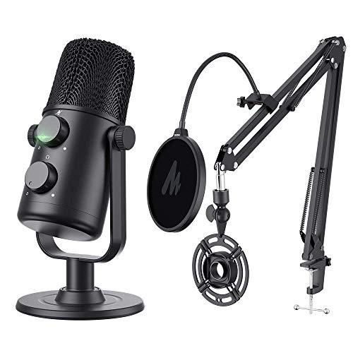 USB Condenser Microphone MAONO AU-902S Cardioid Condenser Podcast Mic kit with Dual Volume Control, Mute Button, Monitor Headphone Jack, Plug and Play for Vocal, YouTube, Livestream, Recording, Gaming
