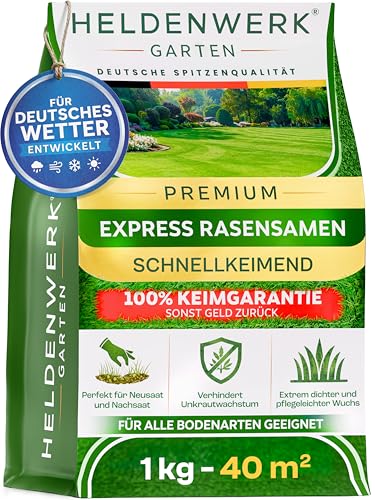 HELDENWERK® Rasensamen schnellkeimend 1kg/40m² FRÜHJAHR – FÜR DEUTSCHES WETTER – Grassamen für Nachsaat & Neusaat – Sport & Spielrasen robust für alle Bodenarten – Made in Germany (1kg für 40qm)