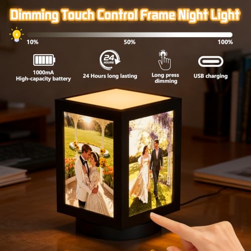 Mixoo 4x6 Picture Frame Light, Vintage Rotating Photo Frame Tabletop Lamp, Touch Desk Lamp for Bedroom Bedside, Table lamps for Office Family Retirement Anniversary Birthday Gifts (Wooden Black) - Image 4
