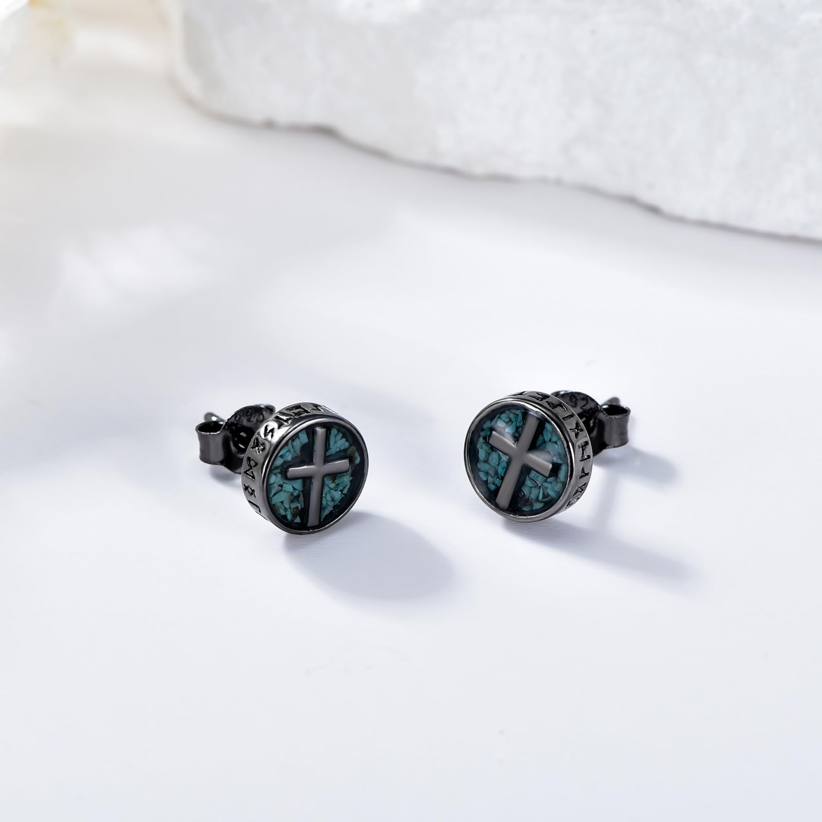 Midir&Etain Kreuz/Ankh/Frieden/Wikinger Ohrstecker für Herren Damen 925 Sterling Silber Schwarz Ohrringe mit Türkis Schmuck Geburtstags Vatertag Geschenk für Vater Jungen