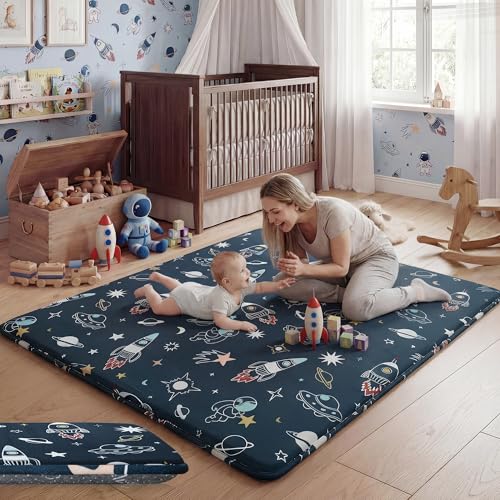 Image of 79x71 Baby Play Mat, 1.5 inch Thick Memory Foam Mat, Space Adventure | Ultra Soft, Non-Slip Backing, Water-Repellent, Skin-Friendly for Baby, Padded Cushioned, Tummy Time Crawling for Nursery