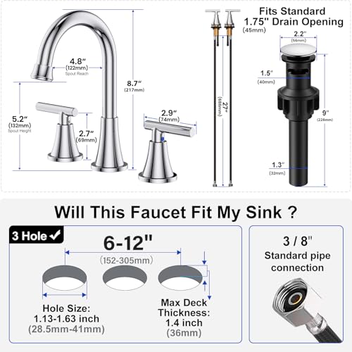 Image of Bathroom Faucet 3 Hole, Chrome Faucets with Pop-up Drain and Supply Lines | Hurran Stainless Steel Lead-Free Widespread Bathroom Sink Faucet for Vanity RV Restroom Laundry Outdoor Camper, 2 Pack