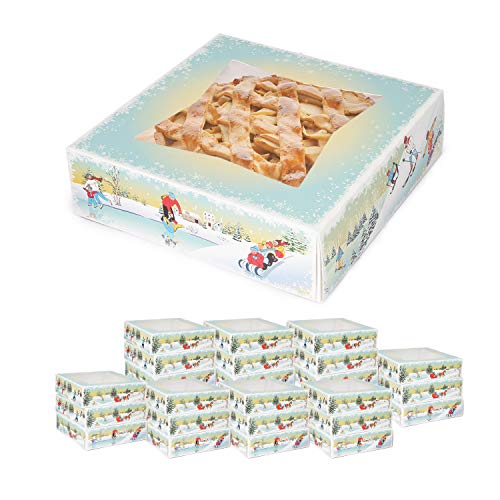 9”x9” Christmas Holiday Winter Cookie Bakery Treat Pie Boxes with Window for Delivery Gift Giving, 20 Pack