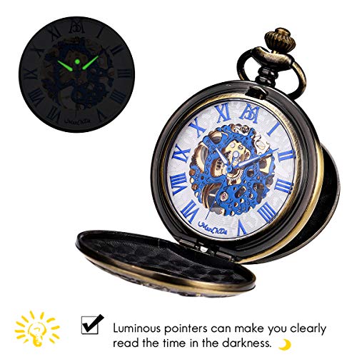 Image of ManChDa Mechanical Roman Numerals Dial Skeleton Pocket Watches with Box and Chains for Mens Women