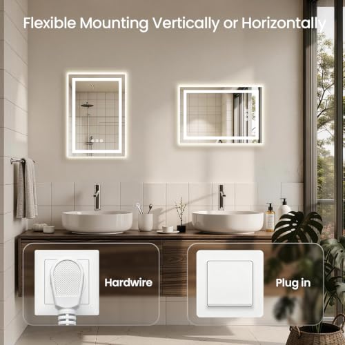 Image of 16x24 LED Bathroom Mirror with Anti-Fog, Backlit & Front Lit, Memory | Stepless Dimmable 3 Color CRI 95+ Shatterproof Tempered Glass ETL Listed for Safety Lighted Bathroom Vanity Mirror for Wall