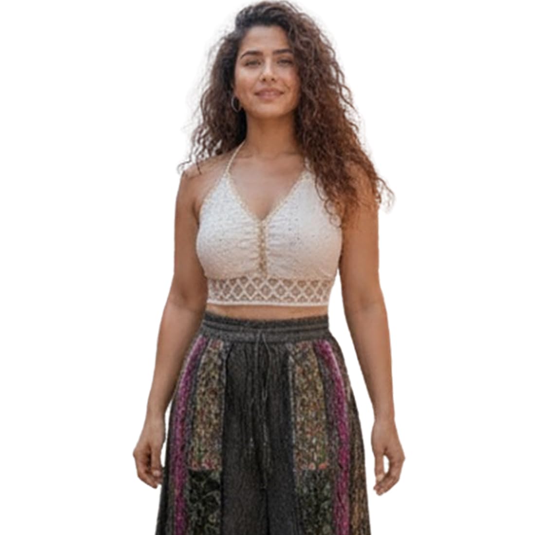 cigain Women's Crochet Halter Crop Bra Top, Cream, V-Neck, Bohemian Style, Sleeveless-picture-14